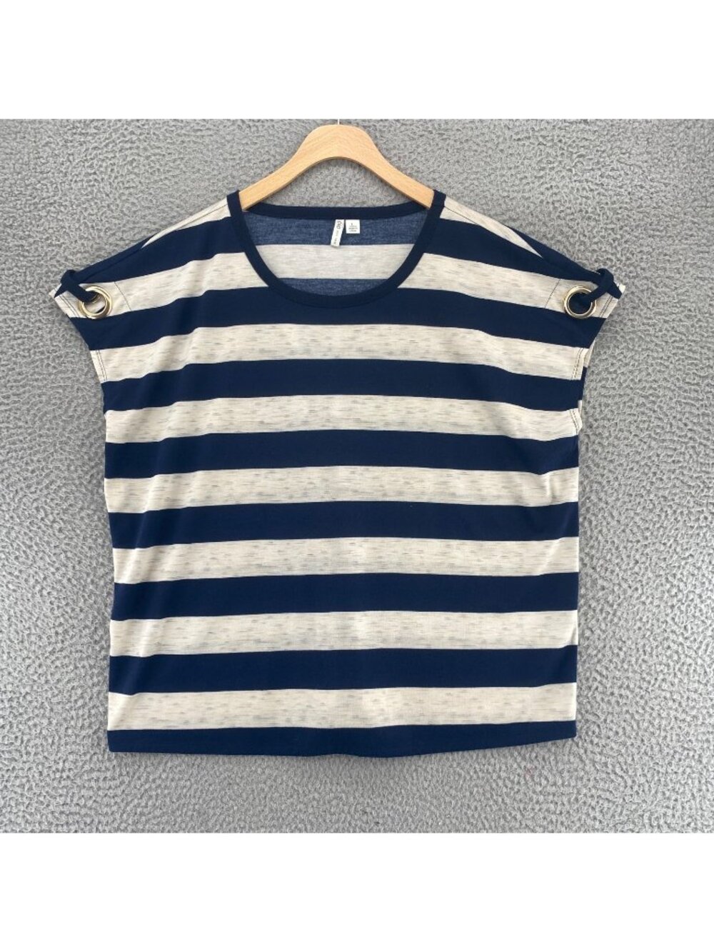 Cato Top Womens Large Navy Striped Dolman Short Sleeve Eyelet Detail Pullover